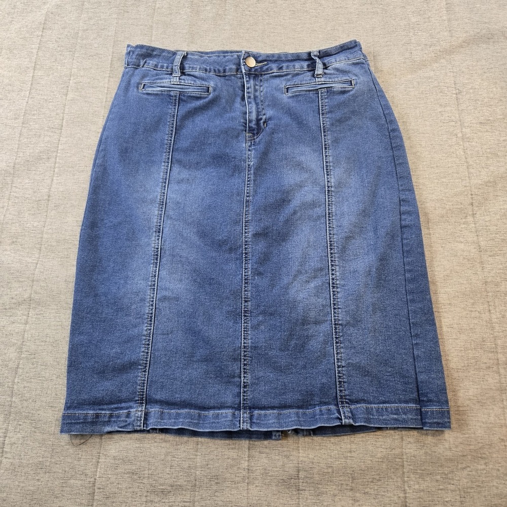 Women's Denim Skirt Knee Length Casual Front Flat Pockets Medium Wash Size 12‎